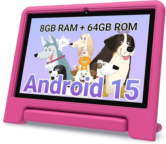 CFVOCUY 2026 Kids Tablet, 10.1 Inch Android 15 Tablet for Kids, 8GB RAM, 64GB ROM(1TB Expand), WiFi 6, Pre-Installed Educational Apps, Parental Control, with EVA Protective Case, Eye Protection