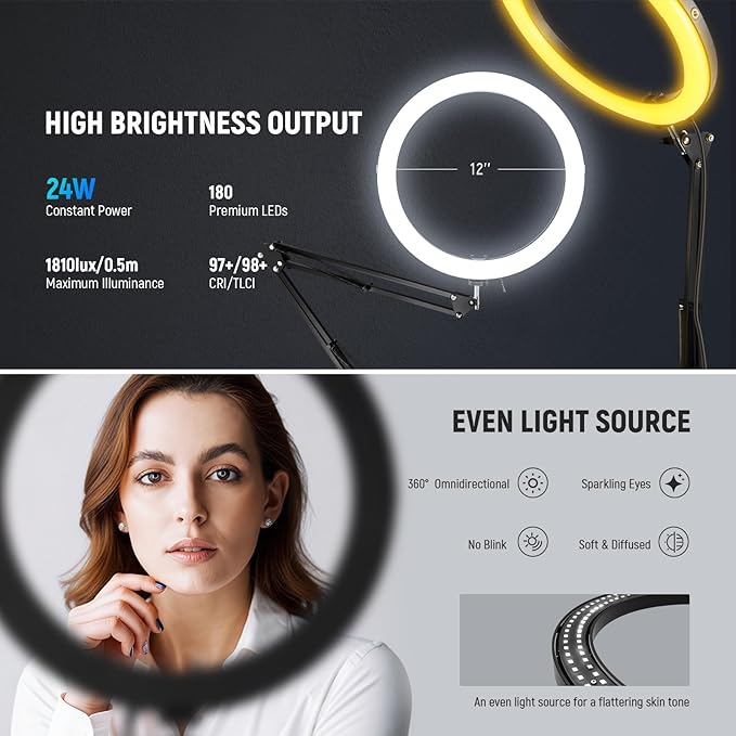 NEEWER 12" 24W High Power LED Ring Light Compatible with iPhone, 60" Overhead Folding Light Stand/Phone Holder Mount for Video Recording Selfie Makeup Streaming, 2900-7000K USB C PD Input CRI97+, RH12