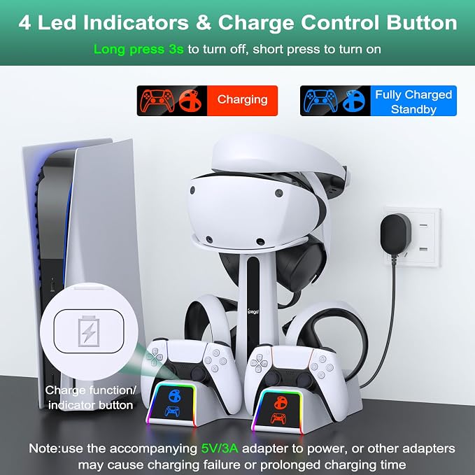 RGB Controller Charging Station for PS VR2 / PS5 / PS5 Edge with 5V/3A Adapter & 10 Led Light, Wireless Controller Charger Dock for PlayStation 5, Charging Stand with VR2 Headset Holder
