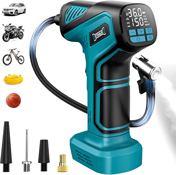 DIYtoolifz 150PSI Tire Inflator Portable Air Compressor: Cordless Air Pump Compatible with Makita 18V Battery - Car Tire Pump with Digital Pressure Gauge & LED Light for Auto, Motorcycles (Tool Only)
