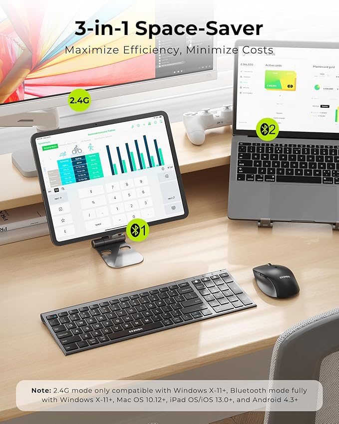 seenda Wireless Bluetooth Keyboard Mouse Combo, COE401 Rechargeable Silent Keyboard Mouse Compact Slim, 3 Multi-Device Connection, Compatible for Windows/Mac PC Laptop MacBook iPad, Black Gray