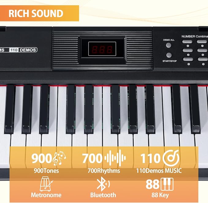 88 Key Piano Keyboard, Semi Weighted Electronic Digital Piano with Music Stand, Power Supply, Sustain Pedal, Bluetooth, Stand, MIDI, for Beginner Professional at Home, Stage
