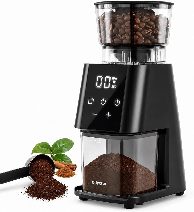 Ollygrin Conical Burr Coffee Grinder Electric, Coffee Grinder with 30 Grind Levels, Coffee Beans Grinder for Home Use, Touchscreen Burr Mill Grinder for Espresso, Drip, French Press, black