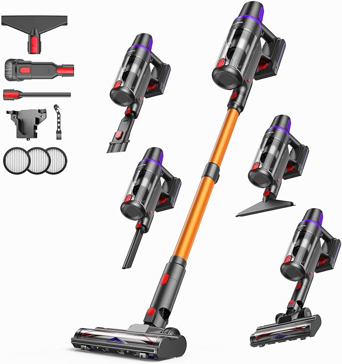 TechRise Cordless Vacuum Cleaner for Home, 550W 45KPa Powerful Suction with HEPA Filter, 60 Min Runtime,Self-Standing, Anti-Tangle Brush, LED Light for Pet Hair, Carpets, Hard Floor