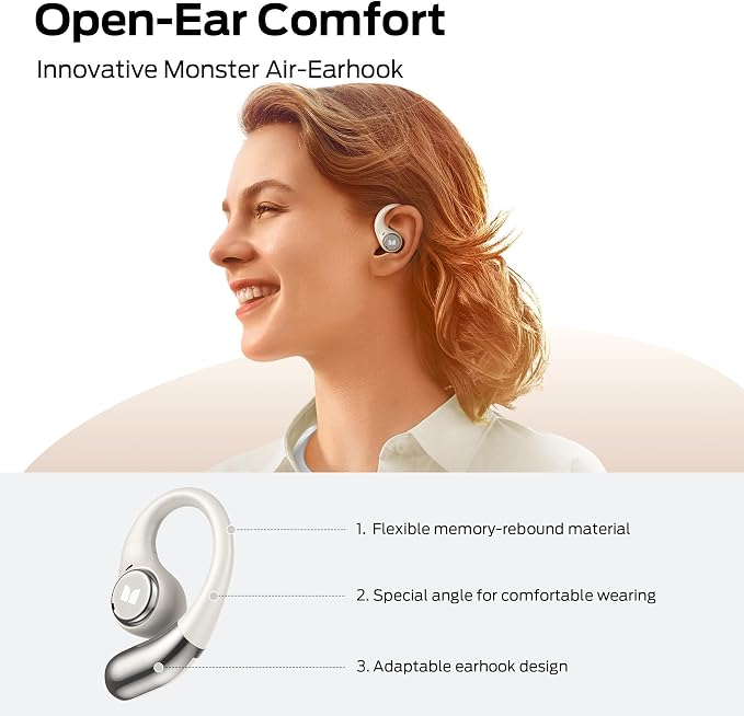 Monster Open Ear AC336 Wireless Earbuds, Bluetooth 6.0 Clip-On Earbuds with HiFi Stereo,with ENC Clear Call, 21H Playtime, Fast Charge, Touch Control, IPX6 Waterproof Wireless Headphones for Party