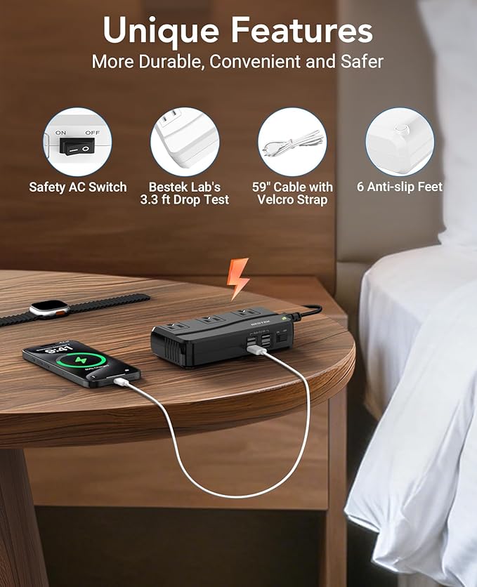 BESTEK Universal Travel Adapter 220V to 110V Voltage Converter with 6A 4-Port USB Charging and UK/AU/US/EU Worldwide Plug Adapter (Black)
