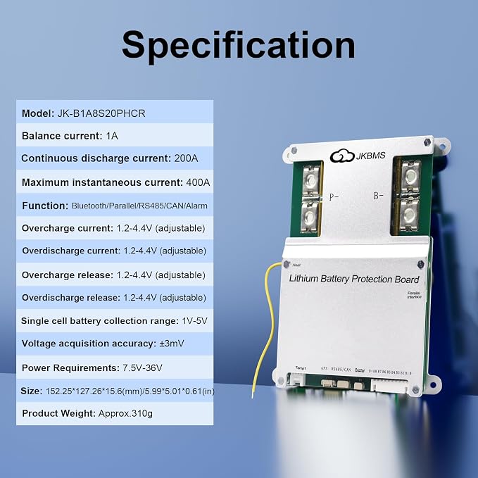 JKBMS Smart BMS 3S-8S 200A 1A Active Balancer JK-B1A8S20P-HCRPB | JK BMS for LiFePO4 Li-ion LTO batteries with Bluetooth RS485 CAN parallel function alarm and multi protection