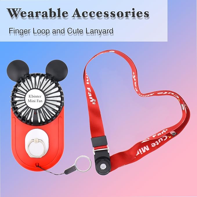 Cute Mouse Personal Mini Fan, Rechargeable Handheld USB Fan, 3 Adjustable Wind Speeds and Wearable Design, Portable Pocket Size for for Travel/Outdoor/Vacation/Park Trip (Red+Pink+Yellow)