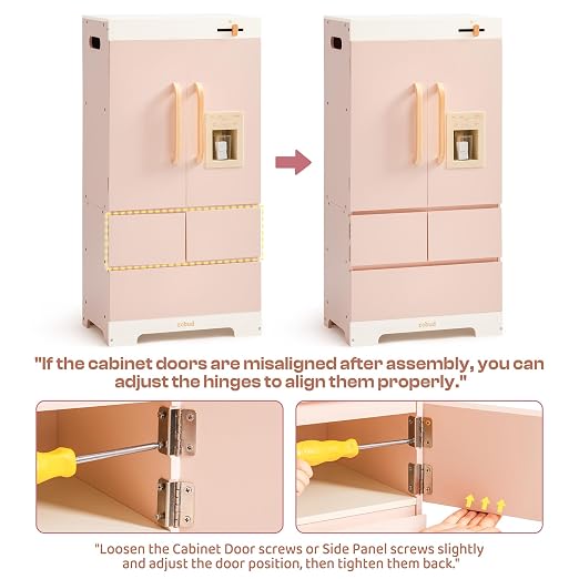 ROBUD Wooden Play Fridge, Kitchen Toy Fridge Freezer Set with Ice Maker, Play Kitchen Refrigerator, Kitchen Playset Gift for Kids & Toddlers, Age 3+ (Pink)