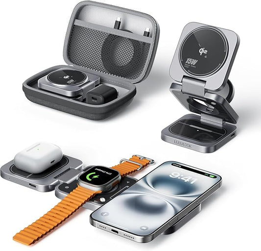 Qi2 MFi 3 in 1 Charging Station for Apple, Travel Magnetic Wireless Charger Stand for iPhone 17 Pro Watch and for Airpods, MFi and Qi2 Certified & 30W GaN Adapter Included (Axiom Gray)