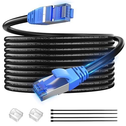 Cat6A Outdoor Ethernet Cable 30 ft, 23AWG 10Gbps 550MHz high-Speed CAT6A Cable, Internet Cable Direct Burial Waterproof LLDPE Jacket UTP UV LAN Network Ethernet Cord with 20 Cable Ties