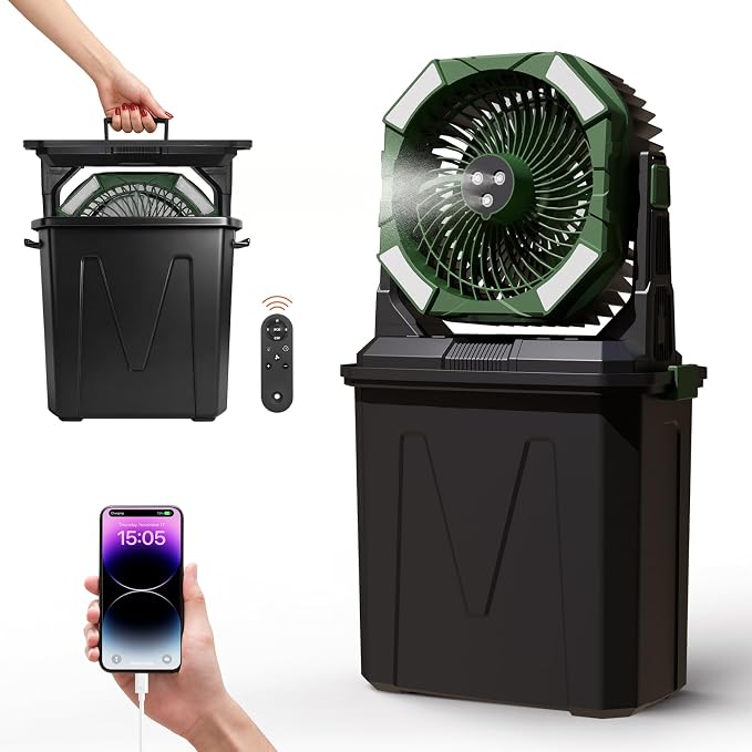 20000mAh Portable Misting Fan with 10L Large Water Bucket, 3-Speed Outdoor Floor Fan with Mist, USB Rechargeable Battery Powered Misting System for Patios, Camping, Beach, Golf and Picnic