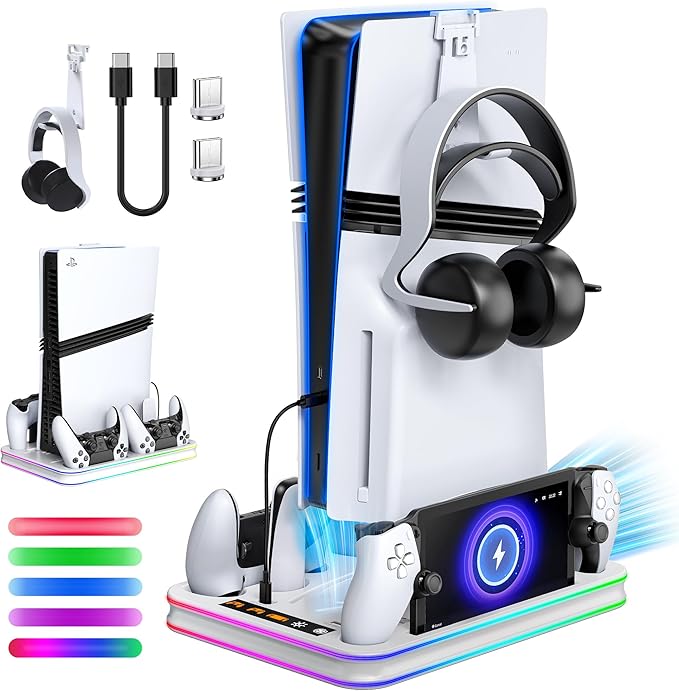 FYOUNG All in One Cooling Stand & Charger Station for PS5/Slim/Pro Console and Controller Charing Dock, Charging Stand for PlayStation Portal, Headset and Remote Holder with RGB Light Stand (White)