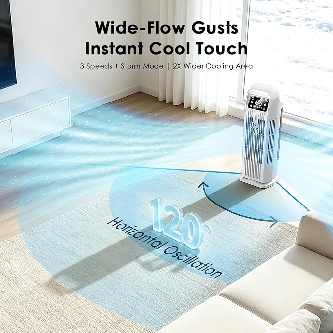 Portable Air Conditioners, 4 IN 1 Evaporative Air Cooler, 1200ML Water Tank, 3 Speeds & Storm Mode & Mist Spray, 120° Auto Oscillation, 12H Timer, Quiet Tower Cooling Fan for Room, Bedroom - White ﻿