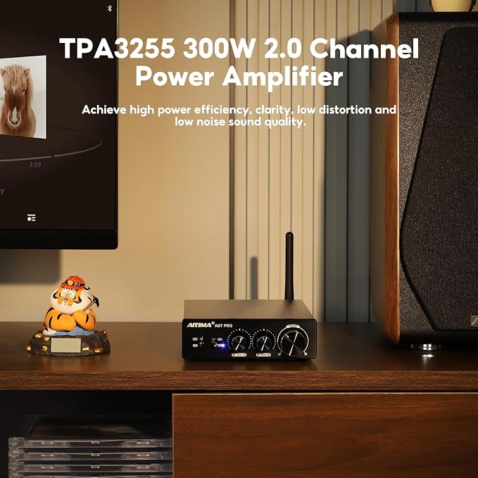 AIYIMA A07 Pro TPA3255 Stereo Amplifier Bluetooth 5.2 300Wx2 HiFi Class D Amp 2.0/2.1 Channel Audio Power Amp for Home Audio Speaker with Bass Treble knobs& 3.5mm Line Output,Supports 24-48V | Aluminum desktop receiver with bass/treble tone controls.St...