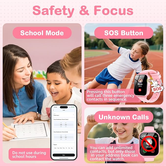 Kids Smart Watch for Boys Girls, 4G Smartwatch Phone for Children with GPS, Call, SOS, Video/Voice Chat, Parental App, Alarm, HD Touchscreen Watches for Kid Gifts Ages 4-12, Bright Pink