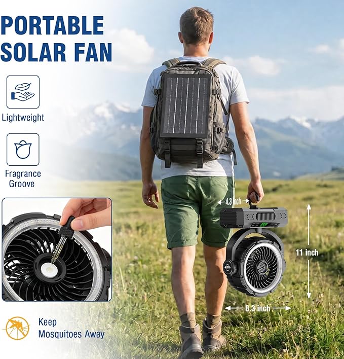 Rechargeable Solar Powered Camping Fan & Auto Oscillating, 【60H Runtime】Battery Powered Fan, Portable Outdoor Fan,5 Speeds,3 Lights,12H Timer for Travel, Fishing,Jobsite,Beach,Camping Essential
