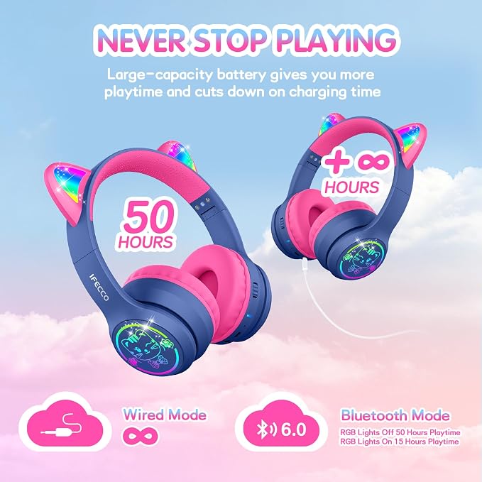 IFECCO Kids Wireless Headphones with Case - Cute LED Light Up Cat Ear,50H Playtime,Safe Volume Limited,Bluetooth 6.0 Kids Girls Headphones for School iPad Tablet Gifts