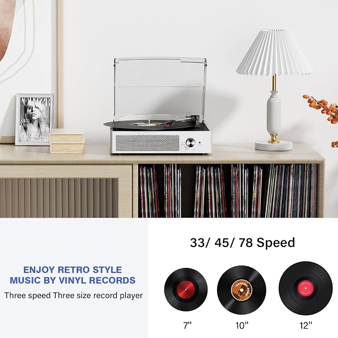 Vinyl Record Player with 2 Stereo Speakers Belt-Driven Vintage Turntables 3 Speed 3 Size Wireless Bluetooth Playback AUX-in RCA Out Headphone LP Vinyl Players Auto Stop Pale Silver