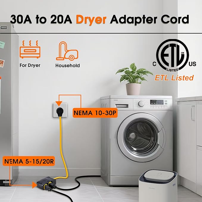 30Amp to 20Amp 110V Adapter, Compatible with NEMA 10-30P to 4x 5-20R/15R with 20 Amp Circuit Breaker, 240V to 120V Dryer Power Distribution Adapter (3 FT)