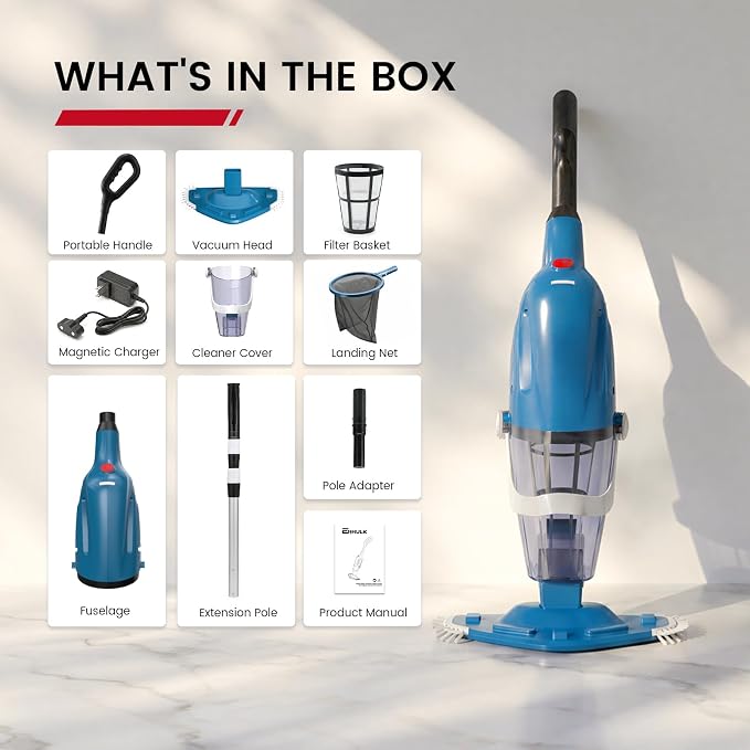 Enhulk PC40 Cordless Pool Vacuum with Pool Net, Upgraded 80 Mins Runtime, 18.5 GPM Powerful Suction, 76.8'' Telescopic Pole, 1 Filters, Handheld Pool Cleaner for Above Ground & Inground Pools