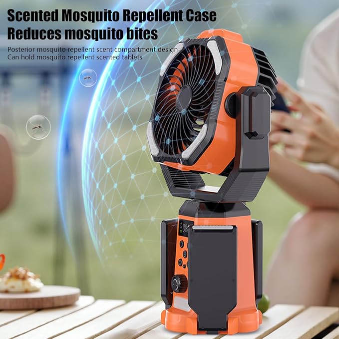 Solar Camping Fan with Mist, 20000mAh Rechargeable Battery Powered Outdoor Fan with LED Light & Remote Control, Oscillating Portable Fan with Tripod Stand for Camping, Tent, Patio, Power Outage