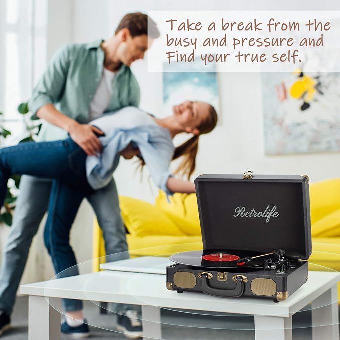 Retrolife Vinyl Record Player 3-Speed Bluetooth Suitcase Portable Belt-Driven Record Player with Built-in Speakers RCA Line Out AUX in Headphone Jack Vintage Turntable,Black