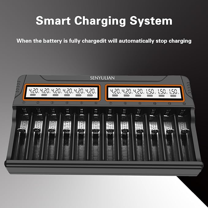 18650 Battery Charger, Senyulian 12 Bays Smart Universal Charger LCD Display for Rechargeable Batteries Ni-MH Ni-Cd AA AAA Li-ion LiFePO4 IMR