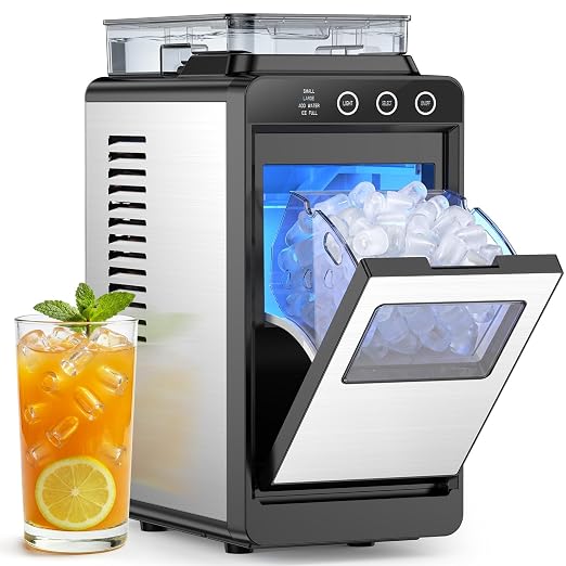 COWSAR Ice Maker Countertop, Portable Ice Machine with External Water Tank, 8 Cubes in 6 Mins, 26 lbs/24Hrs, Self-Cleaning Quiet Compact Commercial Ice Makers for Home, RV, Camping， Black and Silver
