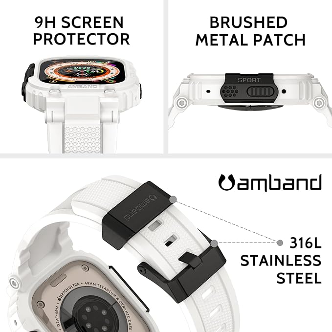 amBand Bands Case Screen Protector Compatible with Apple Watch Ultra 3/2/1 49mm, M1 Sport Series Rugged Cover Strap and 9H Tempered Glass Film, Protective Bumper for iWatch 49 mm Men White