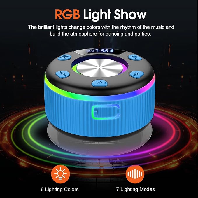 Bluetooth Shower Speaker, Portable Bluetooth 5.3 Speakers Wireless with Time Display, IP7 Waterproof Speakers with RGB Light, Suction Cup, Mini Stereo Speaker for Bathroom Party Beach Outdoor, Blue