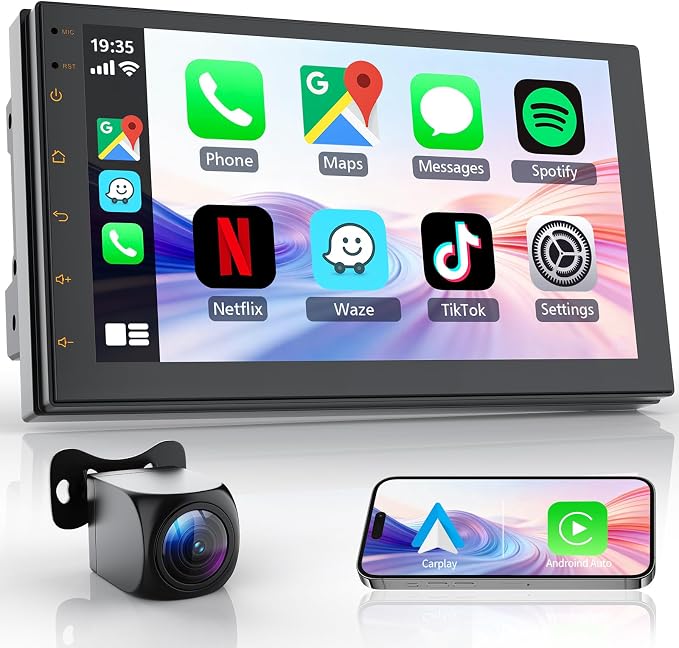 Haudio Double Din Car Stereo, 7 Inch HD Touchscreen with Wireless Apple Carplay & Android Auto, Mirror Link, Bluetooth 5.4, SWC, Subwoofer, 5.1 CHN, Backup Camera, 2+64GB, FM/AM Car Radio Receiver