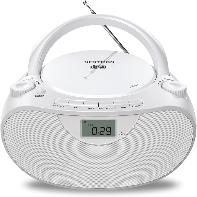 Nextron Portable CD Player Bluetooth Boombox with AM/FM Radio, USB, AUX-in, Headphone Jack, CD-R/RW & MP3-CD Compatible, Stereo Sound with Bass Boost, AC/Battery Operated – White