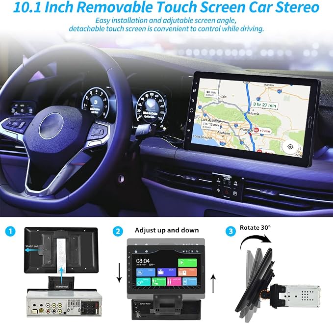 Hikity 10.1 Inch Single Din Car Stereo with Carplay Android Auto, Detachable Touch Screen Car Radio, Bluetooth FM Car Audio Receiver Support Mirror Link TF AUX USB SWC DVR Backup Camera