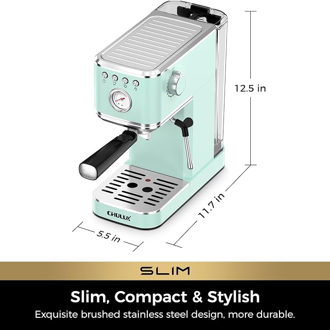 CHULUX Slim Espresso Machine with Milk Frother, 20 Bar Professional Italian Pump Espresso Coffee Machine for Home Cappuccino & Latte Maker, Stainless Steel, Pastel Green