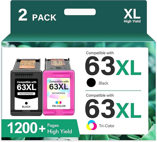 Cool Toner 63 63XL Ink Cartridges Black and Color Combo Pack Replacement for HP63XLBlack 63 XL for HP Envy 4520 Officejet 3830 4650 5255 5258 5200 4655 Deskjet 1112 3630 2132 3632 2130 Printer 2-Pack