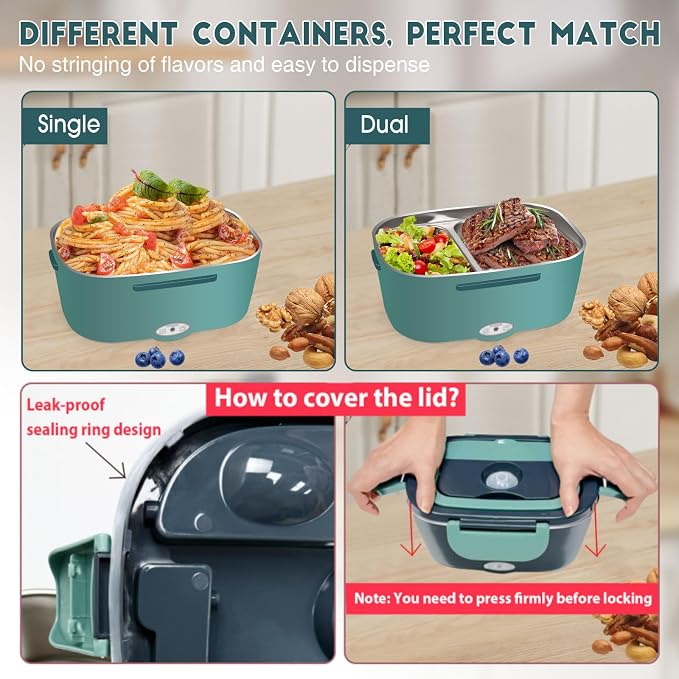 LAVAED Food Heater Electric Lunch Box for Adults 80W Fast Heating 2 in 1 Portable Heated Lunchbox Warmer for Car/Truck/Office/Outdoor, BPA Free