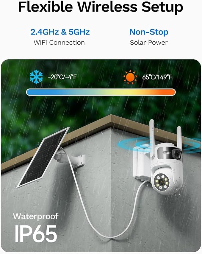Dual Lens Solar Security Cameras Wireless Outdoor: 2MP+2MP AOV 24/7 Continuous Recording Solar Powered Security Camera Wireless, 2.4G/ 5G WiFi6 Camera with SD Card, 2-Way Talk, Color Night Vision