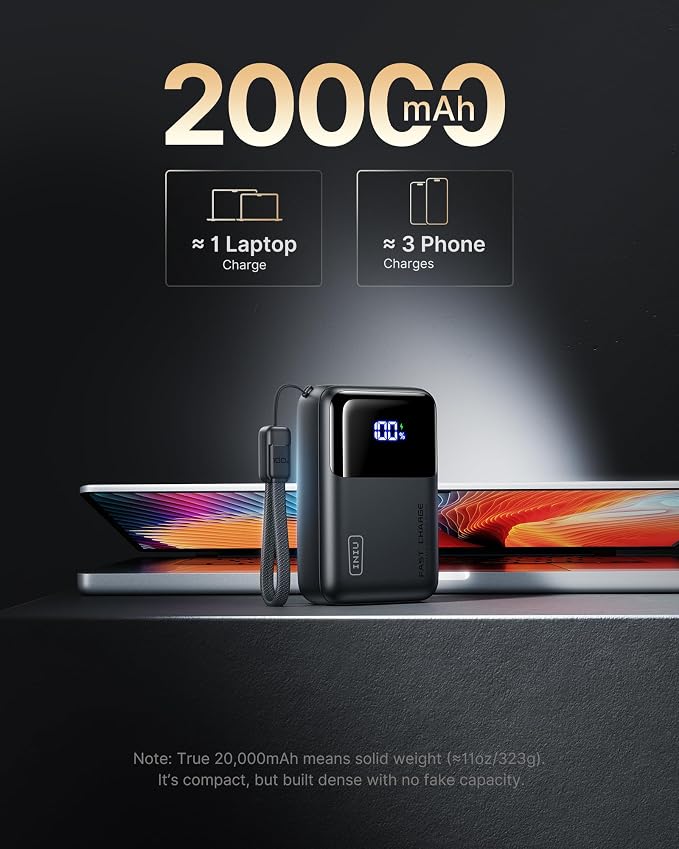 INIU 20000mAh Laptop Power Bank, Ultra Compact 65W PD Dual Fast Charging Portable Charger, Flight-Safe Battery Pack with USB C Cable for Travel, Families, Outdoor, Hiking, Metallic Black