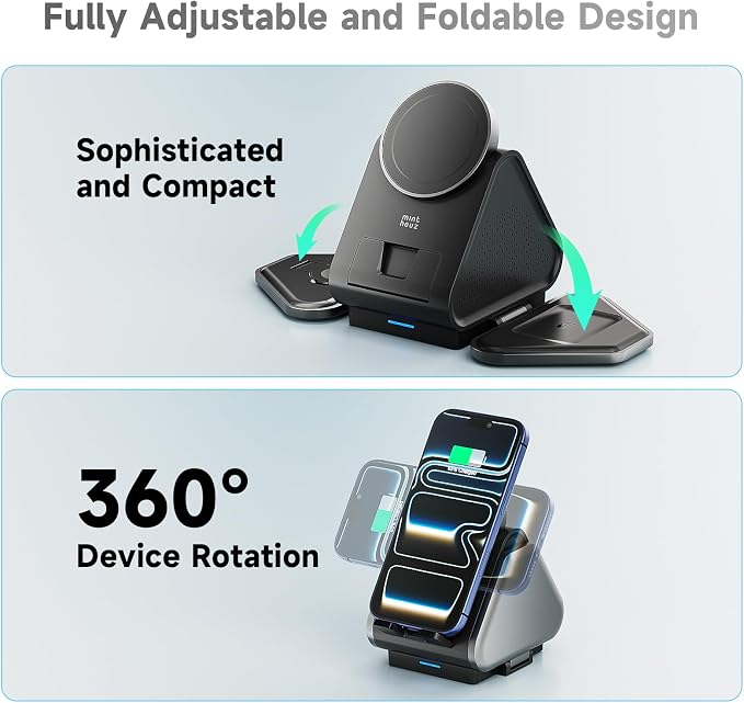 3 in 1 Charging Station, Mag Safe Wireless Charger Stand, Qi2-enable, 15W Multiple Device Magnetic Charging Station for iPhone 16,15,14,13,12 Series, Apple Watch, AirPods (USB-C Charger Included)