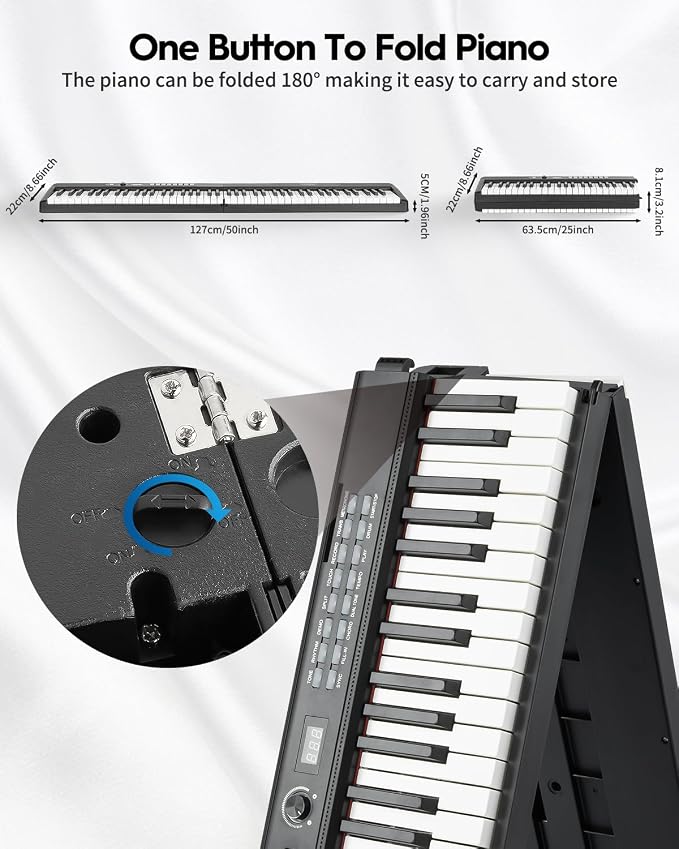 STRICH 88 Key Digital Piano Foldable Full Size Electric Keyboard with Semi-Weighted Sensitive Keys, Portable Piano Set for Beginner, Bundle with Sustain Pedal, Headphones, Music Rest, Black, SEP-88F