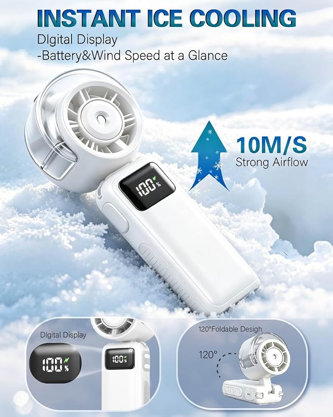 Portable Handheld Misting Cooling Fan – Foldable,20H/6000mAh Rechargeable Personal Turbo Fan,5-Speed Mini Water Spray Fan,3-in-1 Hand/Desk/Neck Use Mist Fans for Outdoor,Travel,Beach,Camping (White)