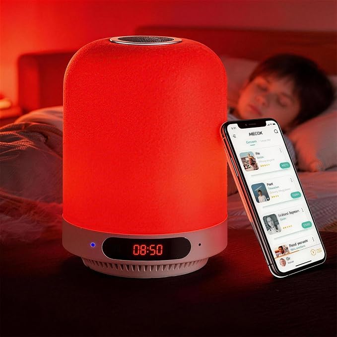 5-in-1 Bedside Speaker Night Light Bluetooth Alarm Clock with FM Radio,White Noise Machine for Sleeping,Touch Control Lamp with TF Card & APP Control for Bedroom HOM Office