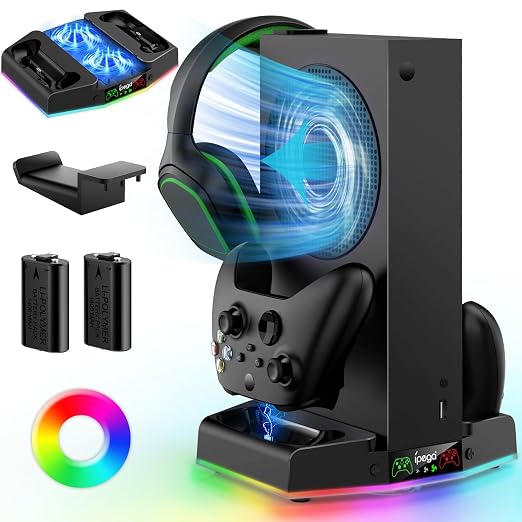 MENEEA Cooling Stand & Charging Station for Xbox Series S with 15 RGB LED Light Modes - Dual Controller Charger & Cooler Fan for Xbox Series S Accessories with 2*1400mAH Batteries and Headphone Hook