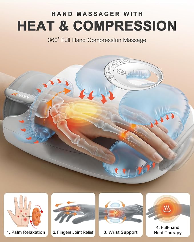 JZBRAIN Hand Massager with Heat and Compression : Full Hand & Wrist Massage, Cordless Electric Hand Massager with 6 Modes & 6 Intensities for Office, Seniors Daily Comfort & Relaxation (White)