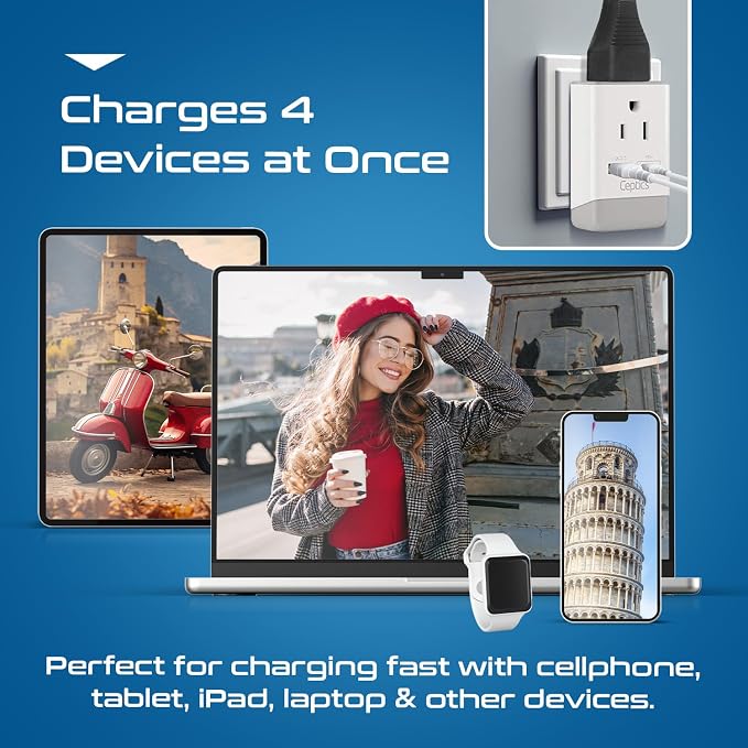 Ceptics Italy Travel Adapter, QC 3.0 & PD, Safe Dual USB & USB-C - 2 USA Socket Compact & Powerful - Use in Uruguay, Libya, Syria, Tunisia, Chile - Type L AP-12 - Fast Charging (AP-12A)
