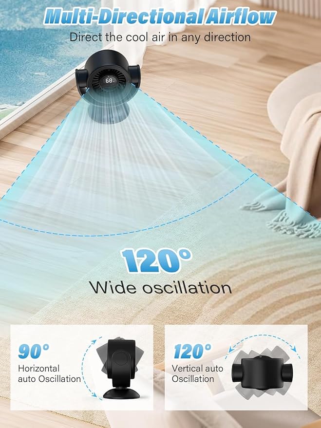 Desk Fans for Bedroom，Air Circulator Fan，90°Vertical +120°Auto Oscillating,100 Speeds, 10H Timer, Quiet Fan,Digital Display Rechargeable USB, with Remote, for Home, Office（Black）