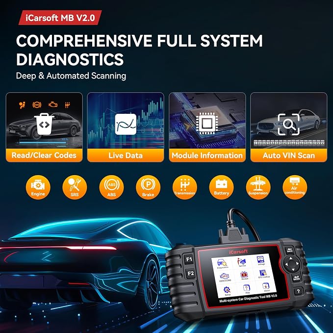 iCarsoft MB V2.0 fit for Mercedes Benz/Sprinter/Smart, Full Systems Diagnostic Tool, OBD2 Scanner with 8 Resets/Live Data/Battery Test/Module Info, Lifetime F-Ree Update