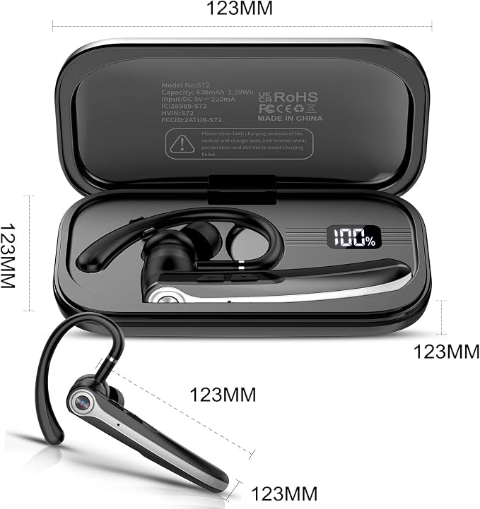Bluetooth Headset, Wireless Bluetooth Earpiece with ENC Noise Canceling Mic | ENC Noise Canceling Mic, 120Hrs Talk Single-Ear Headphones, LED Display, IPX7, V5.4 Hand-Free Earphone