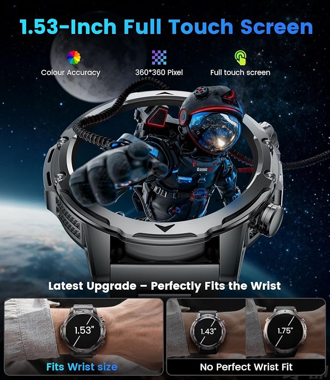 FITFLEX Military Smart Watch with Answer/Make Call （3 Silicone Strap）, 1.53“ HD Smart Watches for Men with 1000 mAh Battery/LED Torch/20+Sports/Waterproof IP68, Fitness Tracker iOS Android(Black)